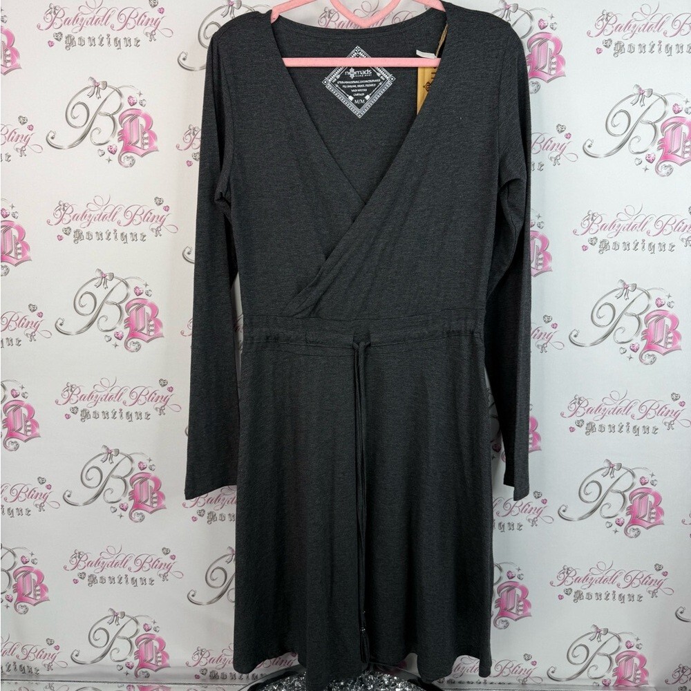 Nomads hemp wear dress tassel detail grey beads Chic Charcoal Long Sleeve Dress